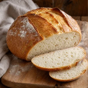 Finished artisan gluten-free sourdough boule with a golden scored crust and sliced crumb