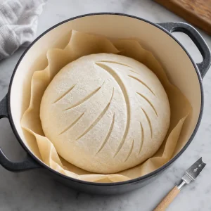 Floured gluten-free sourdough loaf scored in the Dutch oven before baking