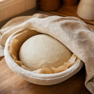Shaped gluten-free sourdough proofing in a floured towel-lined basket