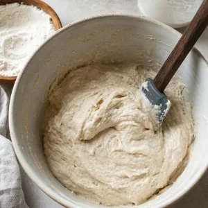 Sticky gluten-free sourdough dough mixed until cohesive with no dry flour remaining