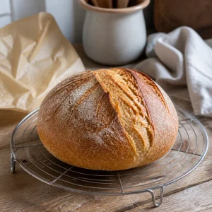 Whole baked gluten-free sourdough loaf cooling completely on a wire rack