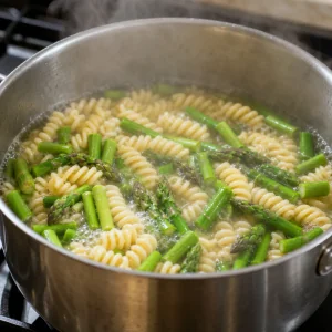 Asparagus pieces cooking with spiral pasta