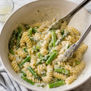 Creamy goat cheese sauce coating pasta and asparagus