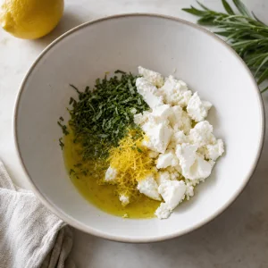 Goat cheese, lemon zest, tarragon, and olive oil in a bowl