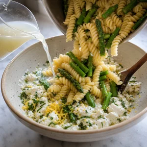 Pasta and asparagus added to the goat cheese bowl