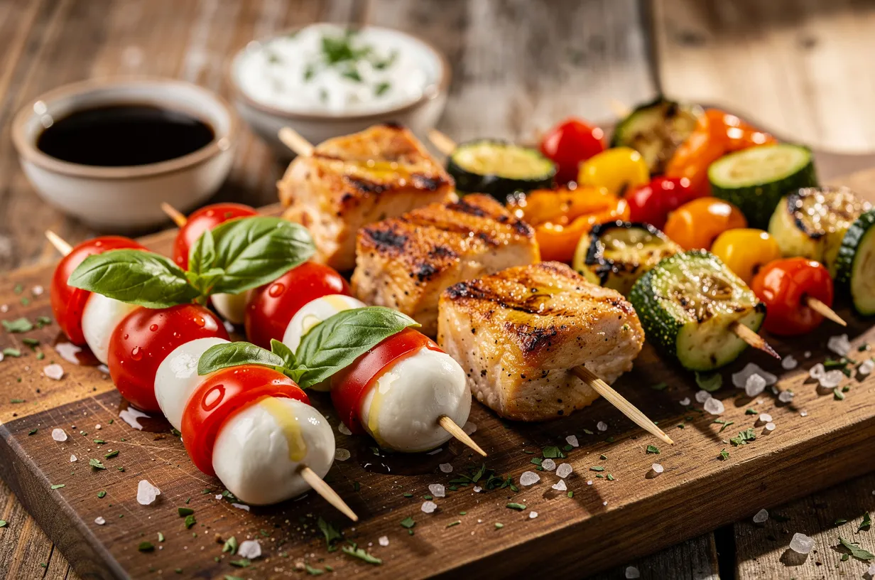 Assorted Mini Skewers: Caprese, Chicken & Veg Bites