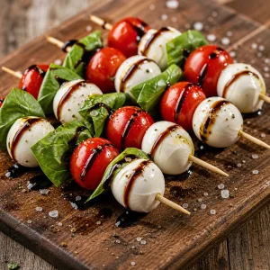 Caprese skewers with tomato, basil, mozzarella, and balsamic glaze