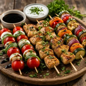Finished platter of Caprese, chicken, and roasted vegetable skewers