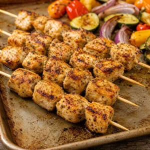 Golden roasted chicken pieces threaded on wooden skewers