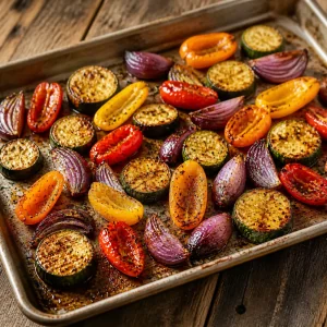 Roasted zucchini, mini peppers, and red onion on a baking sheet