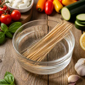 Wooden skewers soaking in a glass bowl of water