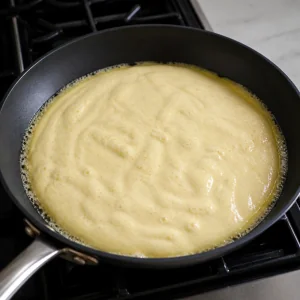 Kaiserschmarrn batter cooking in melted butter