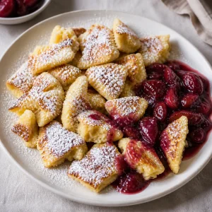 Plated Kaiserschmarrn with powdered sugar and plum compote