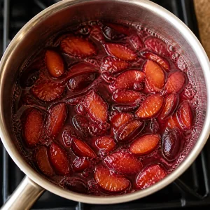 Plums simmering into a glossy compote