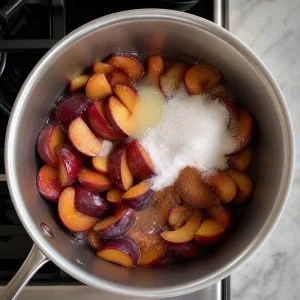 Sliced plums with sugar and cinnamon in a saucepan
