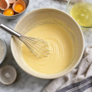 Smooth yellow Kaiserschmarrn batter in a mixing bowl