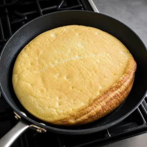 Thick pancake set in the skillet with golden edges