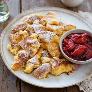 Trozos de Kaiserschmarrn con azúcar junto a compota de ciruelas