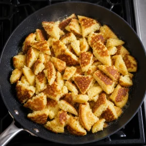 Torn pancake pieces crisping in butter