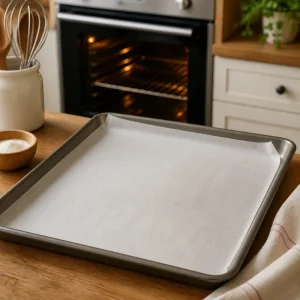 Empty parchment lined baking sheet ready for apple strudel