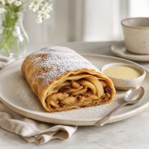 Finished Austrian apple strudel dusted with powdered sugar and sliced to show apple raisin filling
