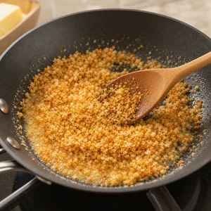Golden breadcrumbs being toasted in butter in a skillet