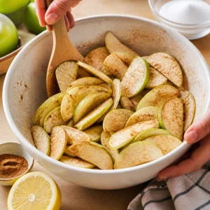 Thin apple slices tossed with lemon juice sugar and cinnamon