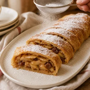 Warm sliced apple strudel dusted with powdered sugar for serving