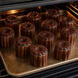 Cannelés baking in copper molds until the tops are deeply caramelized