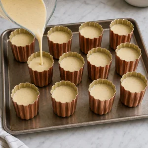 Chilled cannelé batter poured into prepared copper molds