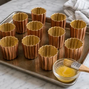 Copper cannelé molds coated with melted beeswax and butter