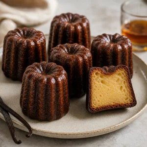 Finished Bordeaux cannelés with dark caramelized crusts and vanilla custard centers