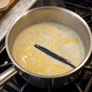 Vanilla bean, milk, and butter warming gently in a saucepan