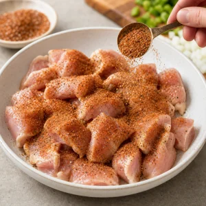 Кусочки курицы приправлены каджунской смесью, солью и черным перцем