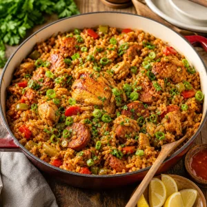 Готовая каджунская джамбалайя с курицей и колбасой, украшенная петрушкой и зеленым луком