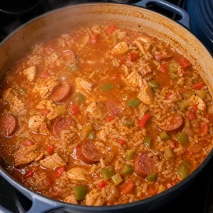 Джамбалайя томится с рисом, курицей, колбасой и овощами
