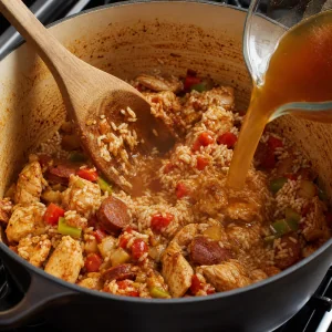 Рис вмешивают в смесь для джамбалайи, вливая куриный бульон