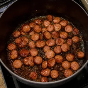 Andouille sausage slices browned in a Dutch oven