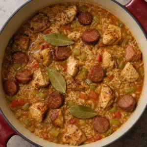 Broth bay leaves sausage and chicken added to the jambalaya pot