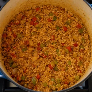Dry rice toasted with Cajun vegetables in seasoned oil