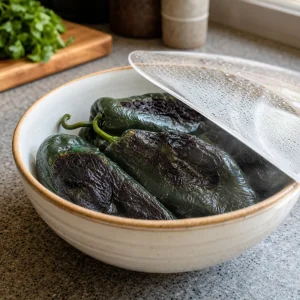 Charred poblano peppers steaming in a covered bowl.