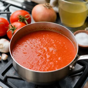 Smooth red tomato sauce simmering in a small saucepan.