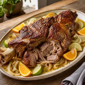 Cuban mojo roast pork with crispy golden exterior and citrus garlic pan juices