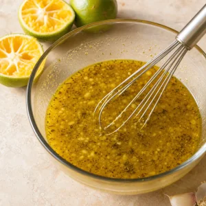 Garlic paste whisked with sour orange juice and olive oil for mojo marinade