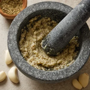 Garlic, salt, oregano, cumin, and pepper crushed into a thick paste