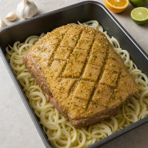 Marinated pork shoulder placed fat-side up on sliced onions