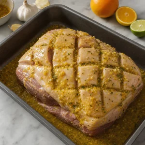 Mojo marinade poured over scored pork shoulder and rubbed into the cuts