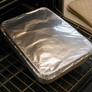 Roasting pan tightly covered with crimped aluminum foil for slow roasting