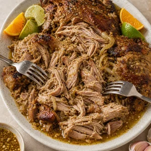 Tender mojo roast pork shredded with crispy bits and pan juices