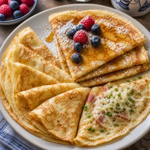 Authentic Dutch griddle cakes served with powdered sugar syrup berries and savory cheese topping